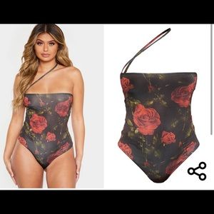 Asymmetric Strap Rose Bodysuit NWT